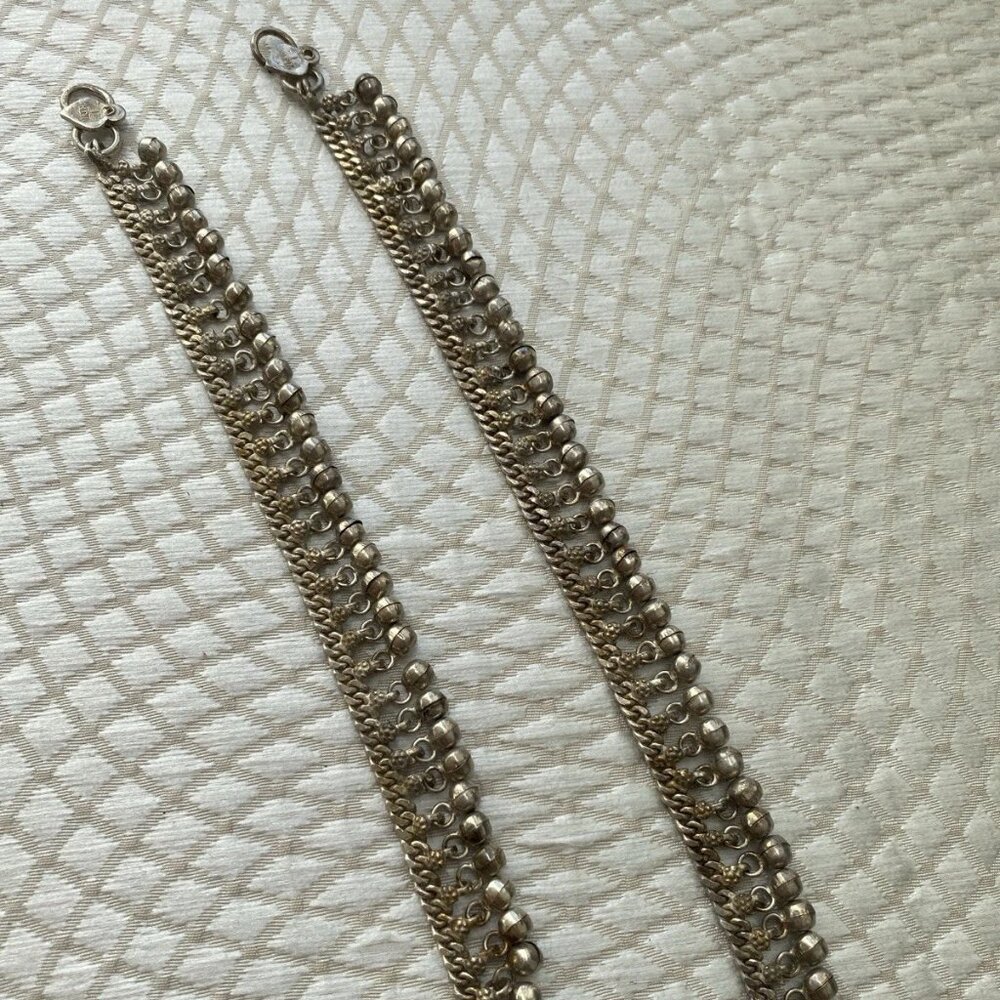Vintage NIJAY Solid Sterling Silver Anklets – Bell Charms – Pair – 8 Inch